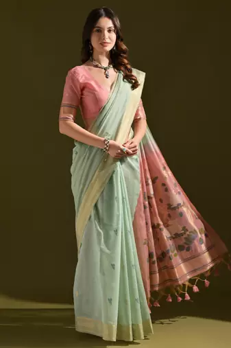 rama green solid blended cotton saree with blouse