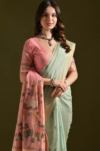 rama green solid blended cotton saree with blouse