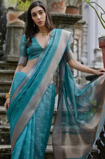 rama green solid silk blend  saree with blouse