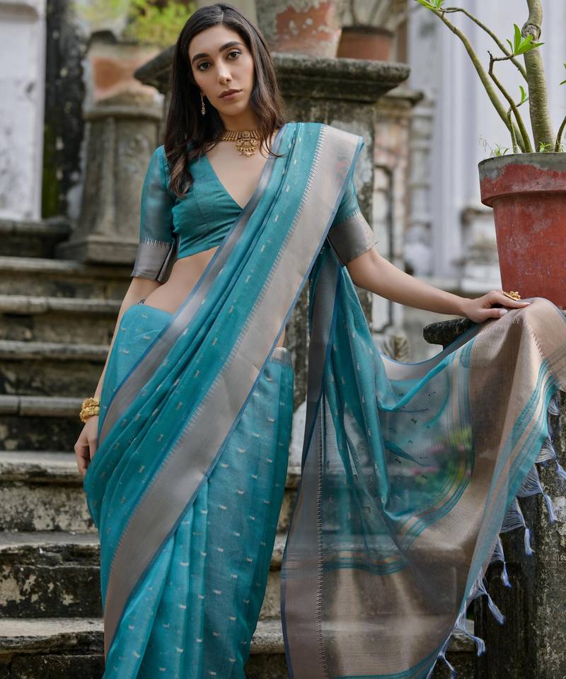 rama green solid silk blend  saree with blouse