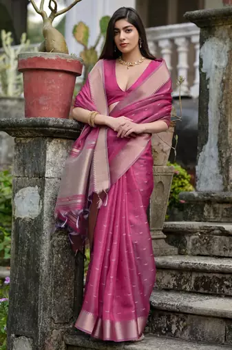 pink solid silk blend  saree with blouse