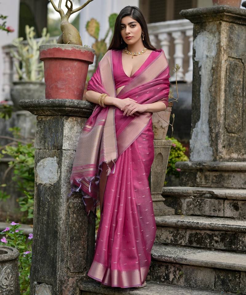 pink solid silk blend  saree with blouse