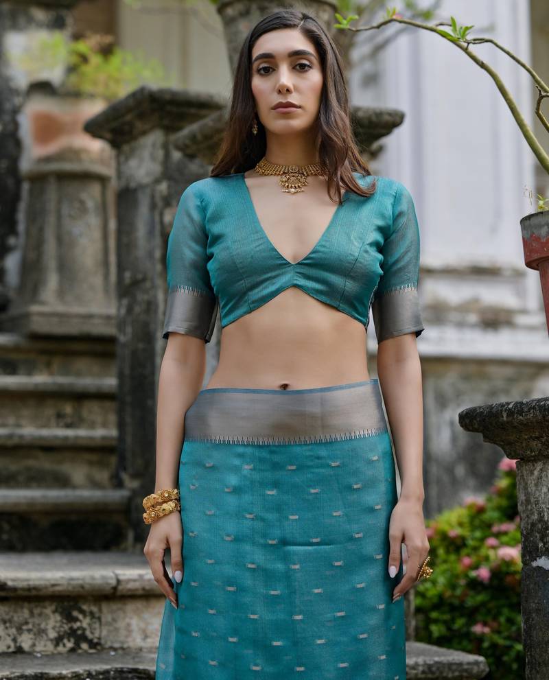 rama green solid silk blend  saree with blouse