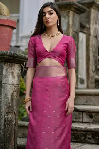 pink solid silk blend  saree with blouse