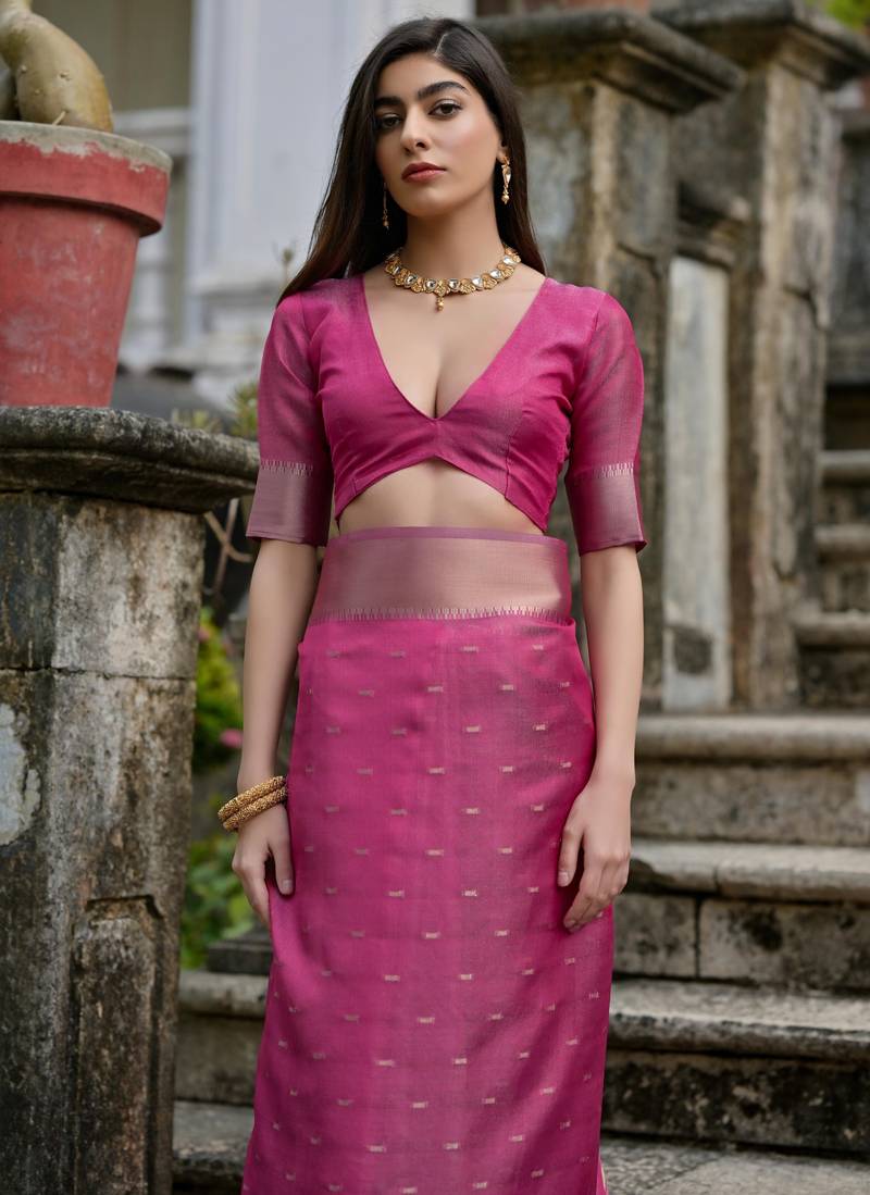 pink solid silk blend  saree with blouse
