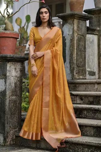 yellow solid silk blend  saree with blouse