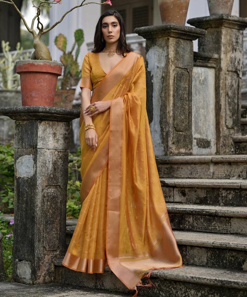 yellow solid silk blend  saree with blouse