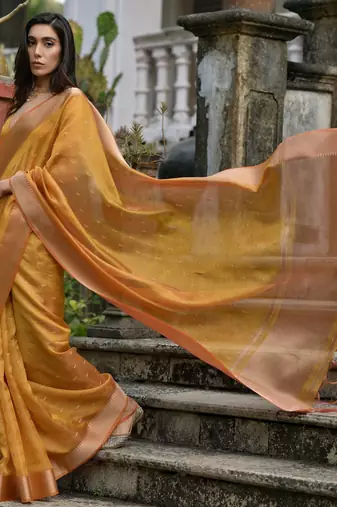 yellow solid silk blend  saree with blouse