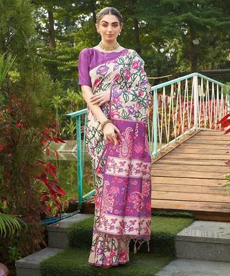 purple solid tussar silk saree with blouse 1