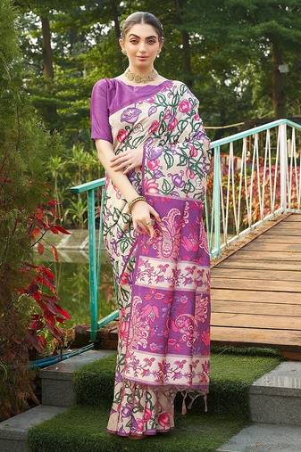 purple solid tussar silk saree with blouse