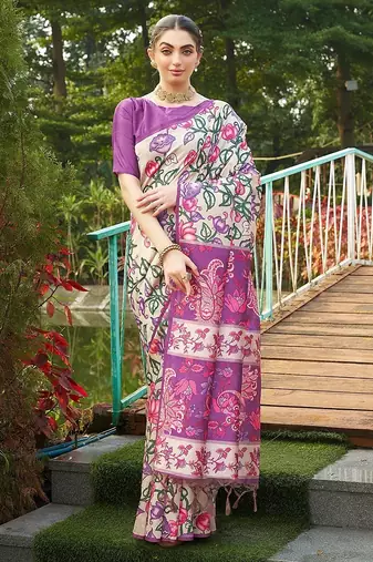 purple solid tussar silk saree with blouse