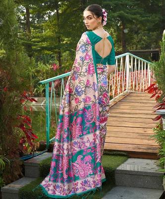 green solid tussar silk saree with blouse 2