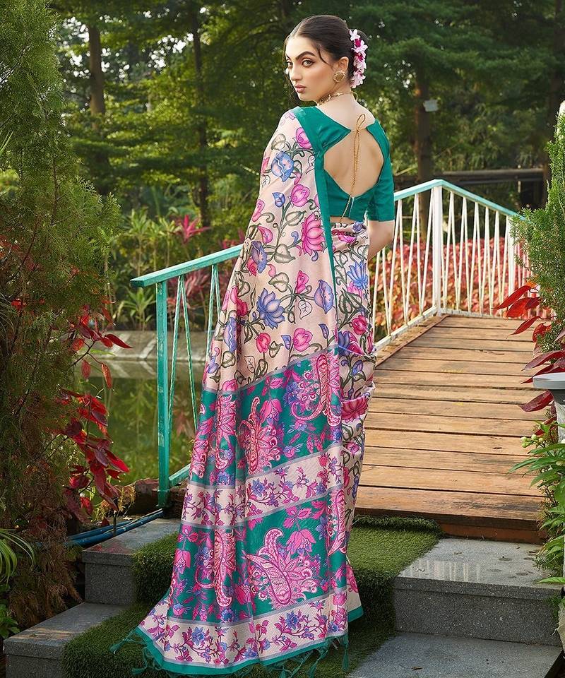 green solid tussar silk saree with blouse