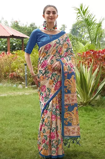 blue solid tussar silk saree with blouse