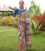 blue solid tussar silk saree with blouse