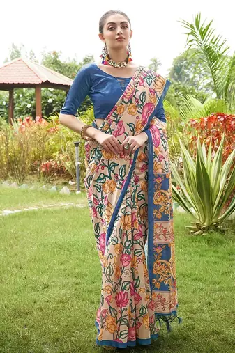 blue solid tussar silk saree with blouse