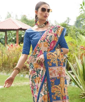 blue solid tussar silk saree with blouse 3