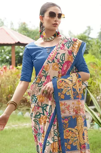 blue solid tussar silk saree with blouse