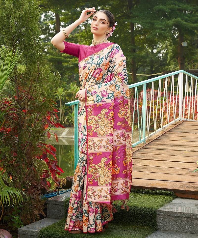 pink solid tussar silk saree with blouse