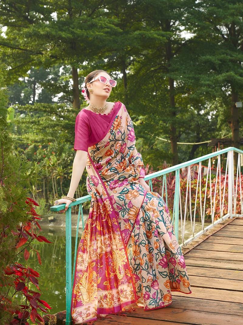 pink solid tussar silk saree with blouse