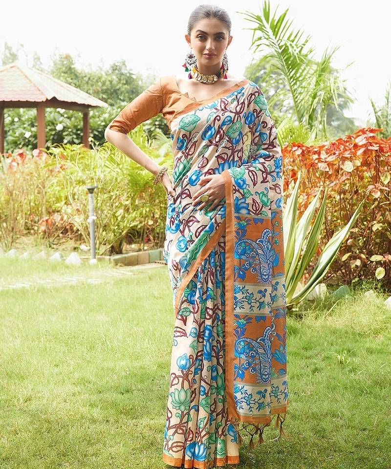 orange solid tussar silk saree with blouse