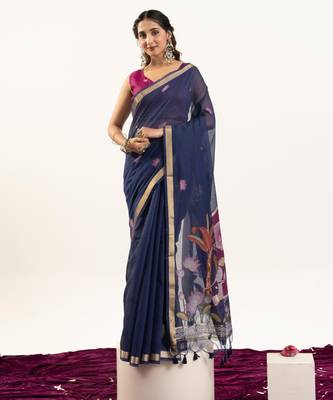 blue solid blended cotton saree with blouse 1