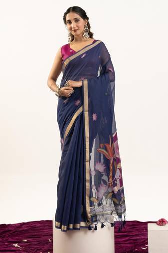 blue solid blended cotton saree with blouse