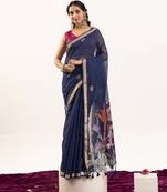 blue solid blended cotton saree with blouse
