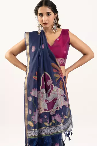 blue solid blended cotton saree with blouse