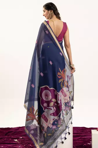 blue solid blended cotton saree with blouse