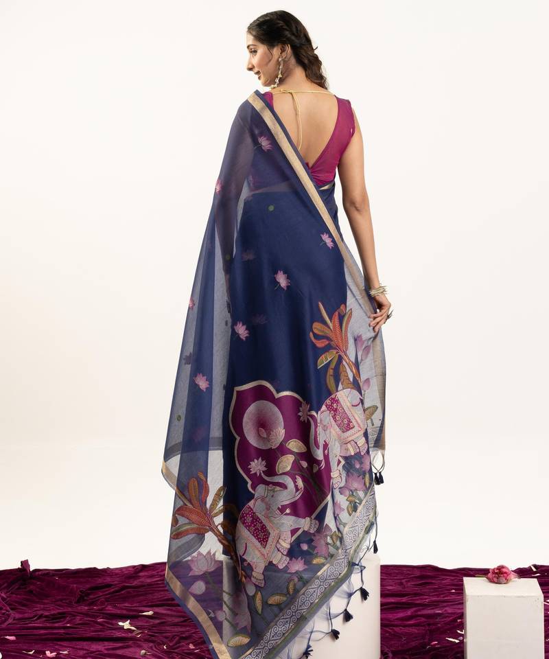 blue solid blended cotton saree with blouse