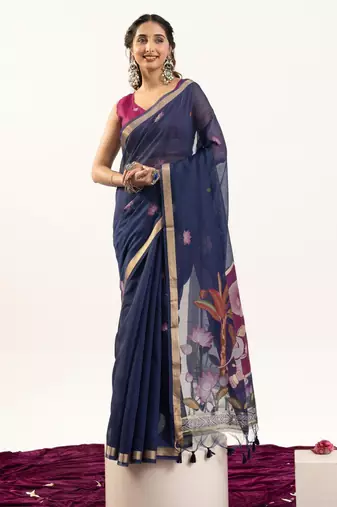 blue solid blended cotton saree with blouse