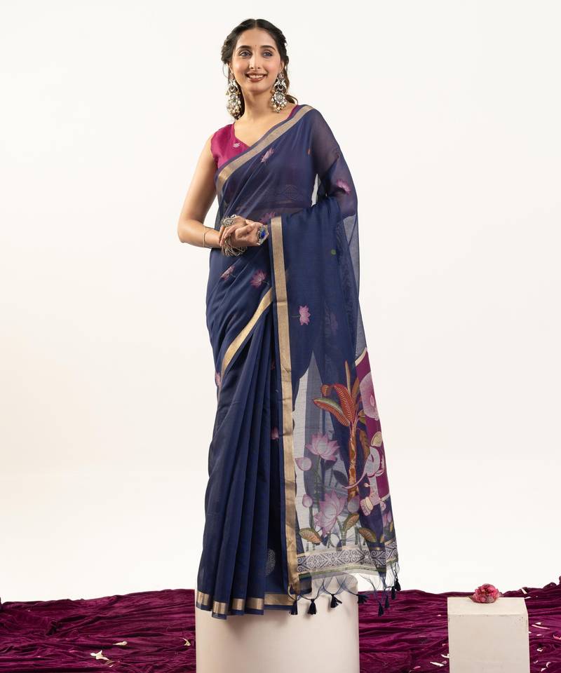 blue solid blended cotton saree with blouse