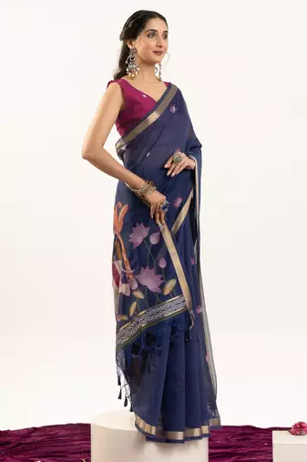 blue solid blended cotton saree with blouse