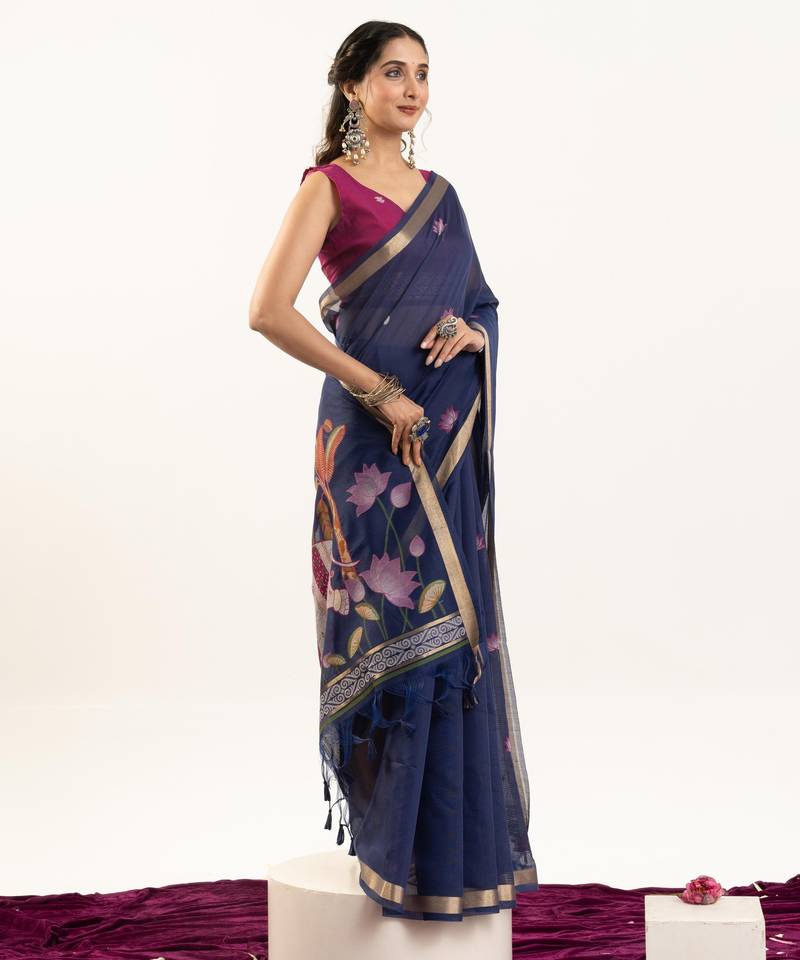 blue solid blended cotton saree with blouse