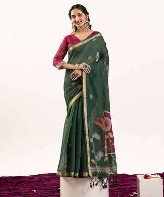 green solid blended cotton saree with blouse 1