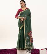 green solid blended cotton saree with blouse