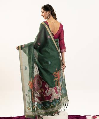 green solid blended cotton saree with blouse 3