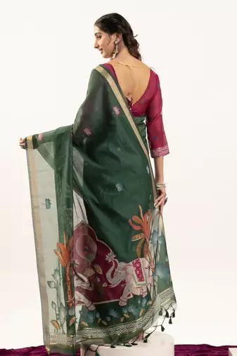 green solid blended cotton saree with blouse