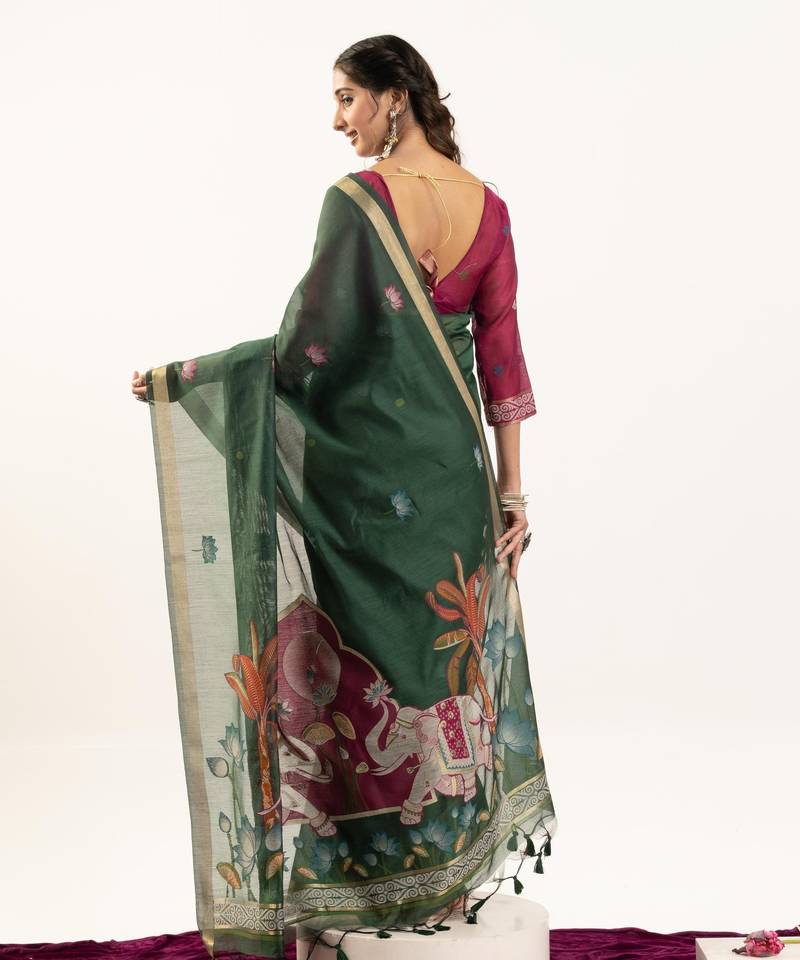 green solid blended cotton saree with blouse