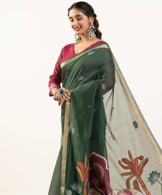 green solid blended cotton saree with blouse 4