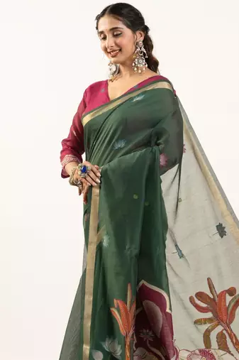 green solid blended cotton saree with blouse