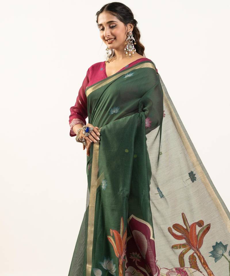 green solid blended cotton saree with blouse