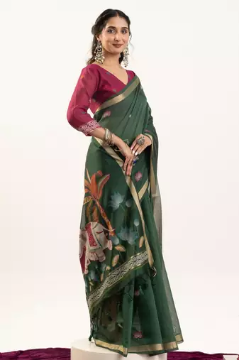green solid blended cotton saree with blouse