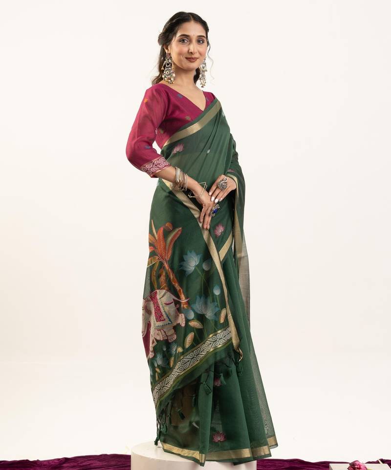 green solid blended cotton saree with blouse