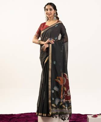 black solid blended cotton saree with blouse 1