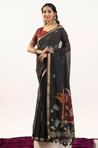 black solid blended cotton saree with blouse