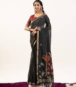 black solid blended cotton saree with blouse