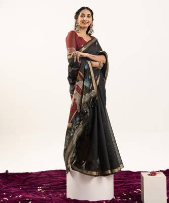black solid blended cotton saree with blouse 2