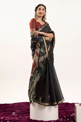 black solid blended cotton saree with blouse